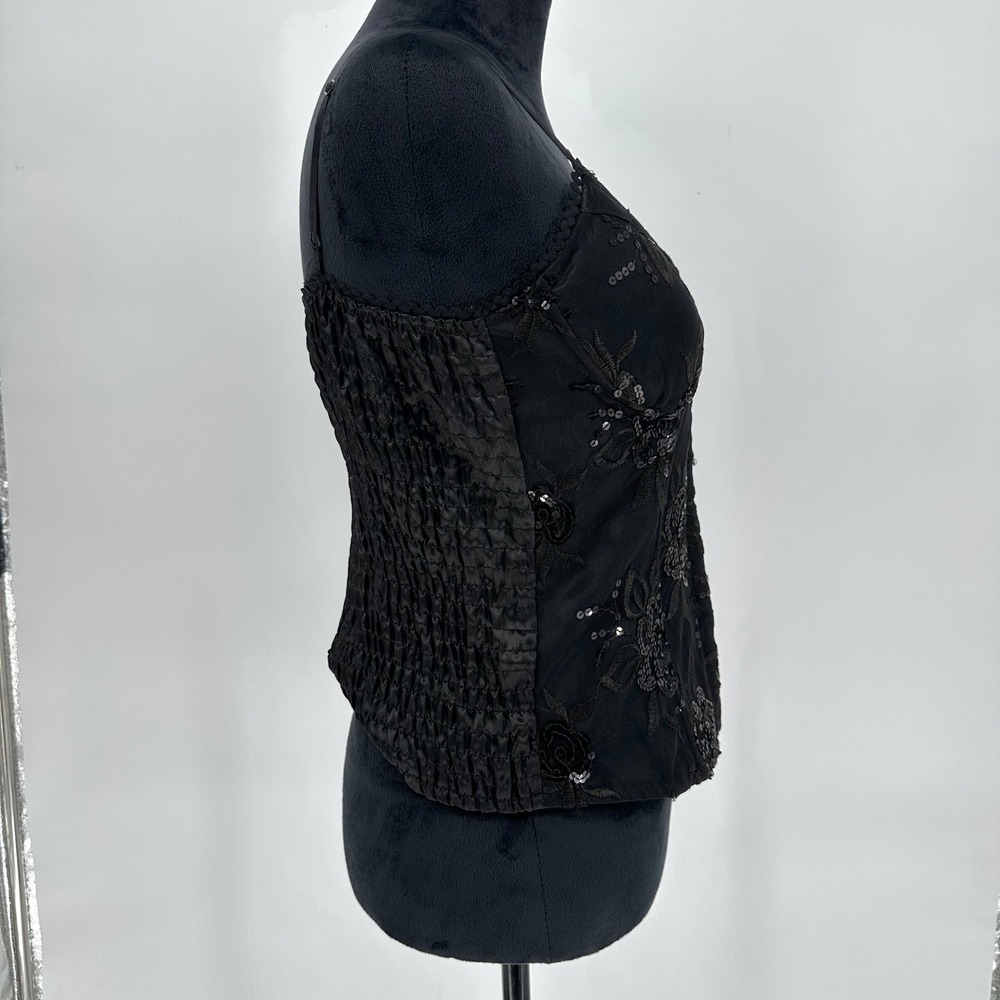Y2K Ole Ole Black Cami Sequin Floral Embroidery Top Smocked Back Women's Medium - Picture 3 of 9
